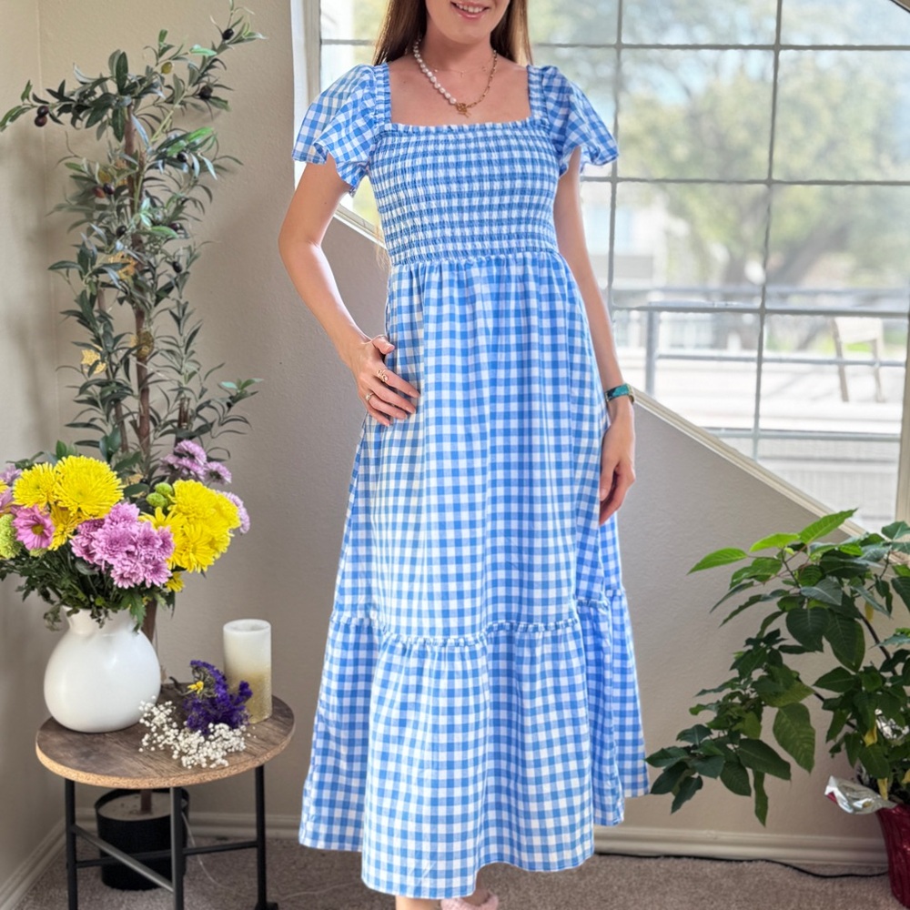 Blue Gingham Smocked Maxi Dress - Women's